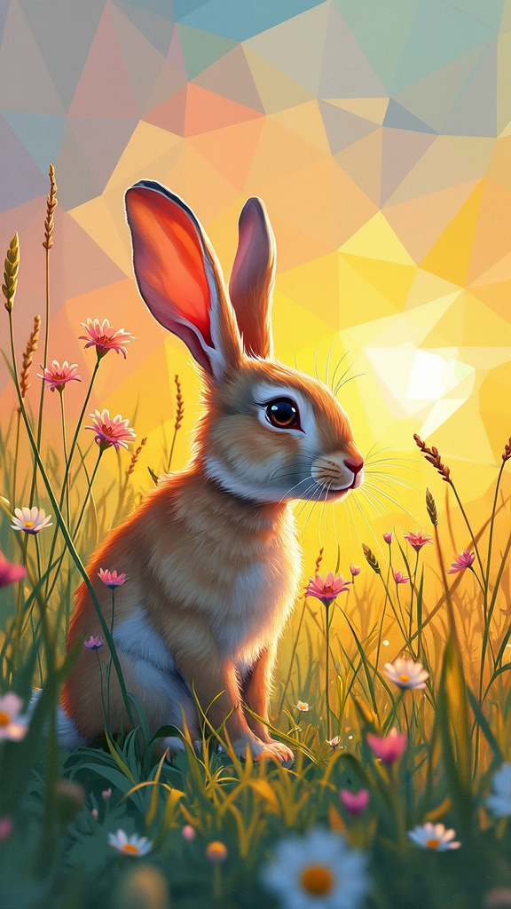 Panoramic dawn sketch of a rabbit in a meadow with a radial symmetry geometric abstract background.