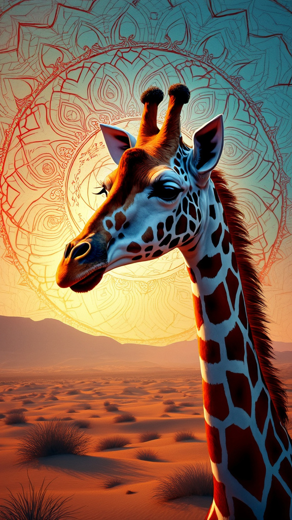 Closeup evening sketch of a giraffe in a desert with mandala geometric patterns in the background.