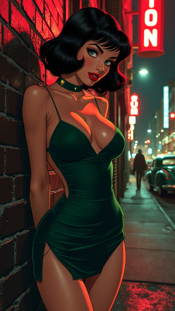 Classic cartoon of a voluptuous Italian-American woman with jet black bob, sapphire blue eyes, in a tight emerald green velvet dress, standing defiantly in a shadowy 1940s New York alleyway with neon lights and shadowy figures in the background.