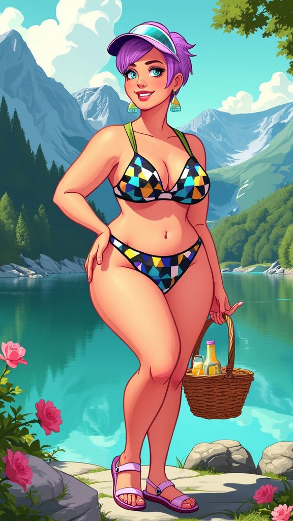 Modern cartoon style of a mature voluptuous Austrian woman with lavender pixie-cut hair and turquoise eyes, wearing geometric-patterned lingerie in a mountain park on the shore of a mountain lake during summer.