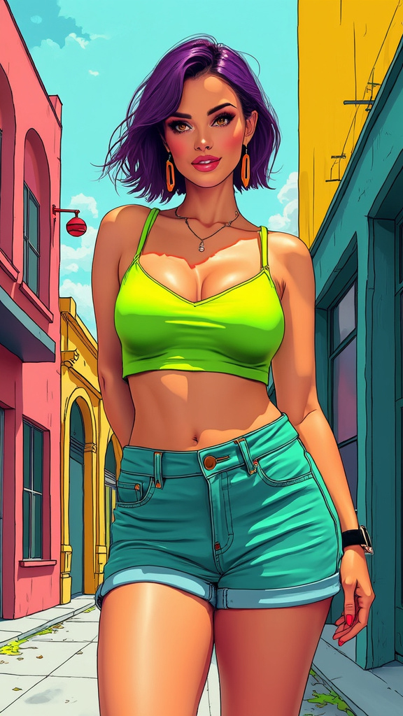 Modern abstract sketch of mature voluptuous Finnish woman with purple asymmetrical bob hair and amber eyes, in neon green crop top and high-waisted shorts against an urban backdrop