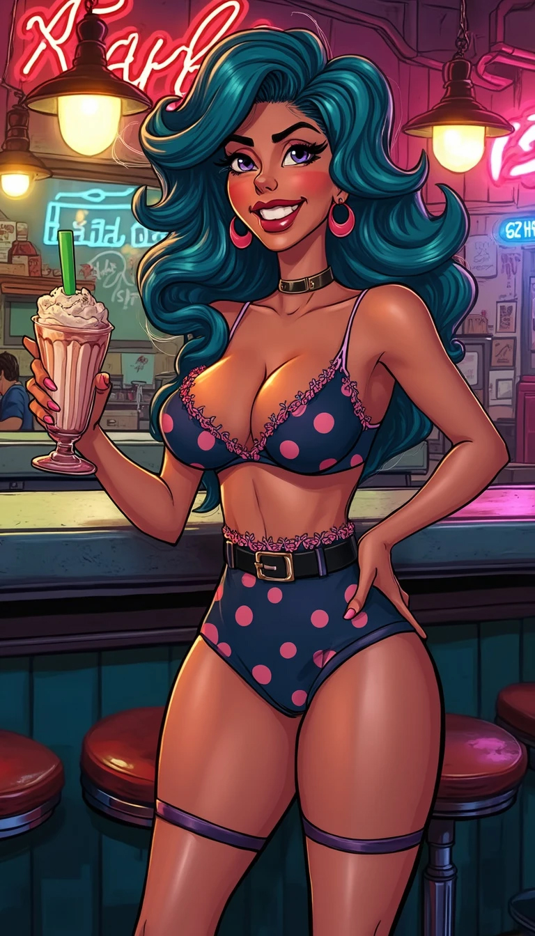 Vintage cartoon style of a mature voluptuous Dutch woman with electric blue curly hair and violet eyes, wearing polka-dot lingerie in a retro diner with neon lights.