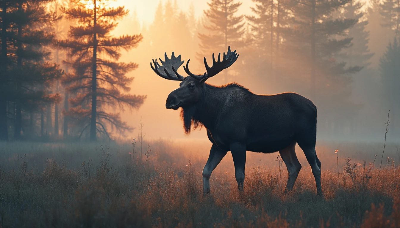 High angle long shot of a majestic moose standing in the boreal forest at dawn, captured with soft light photography.