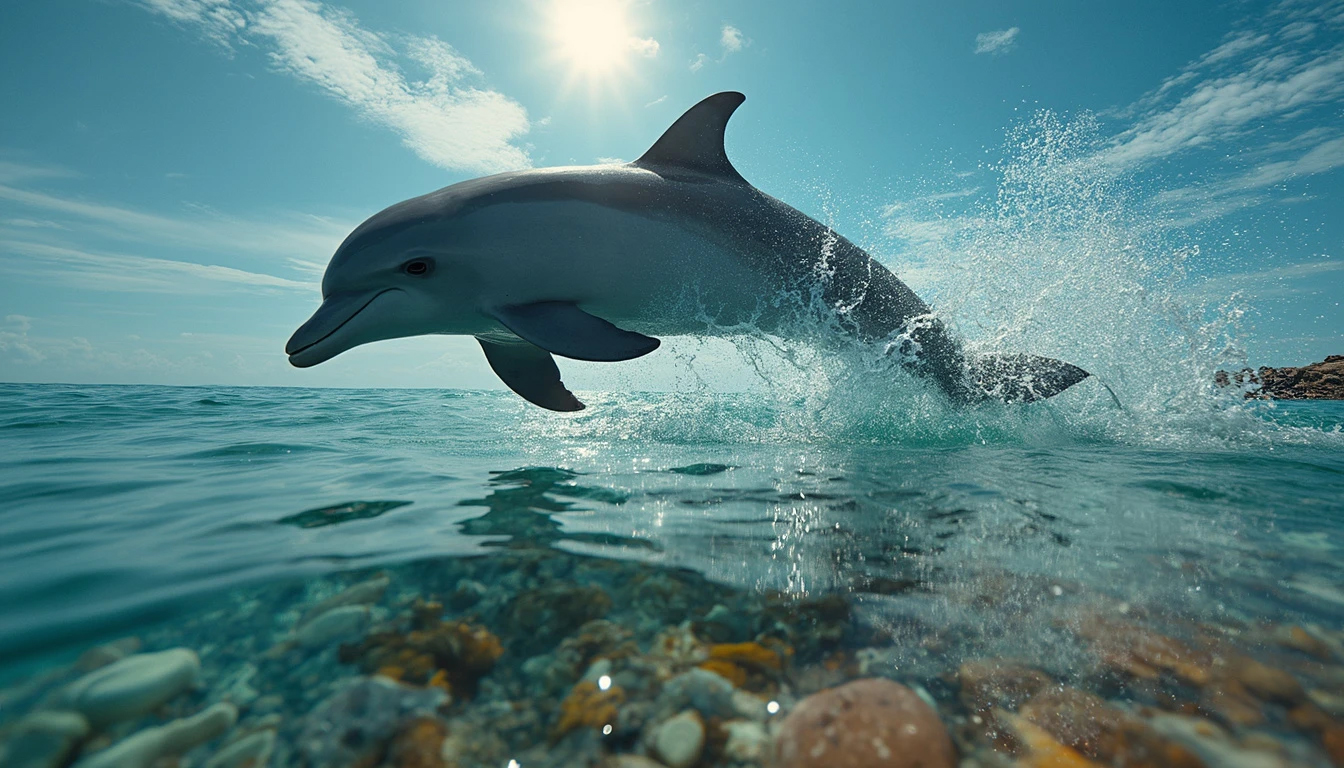 Low angle long shot of a playful dolphin leaping out of the waters of a tropical coral reef during noon.