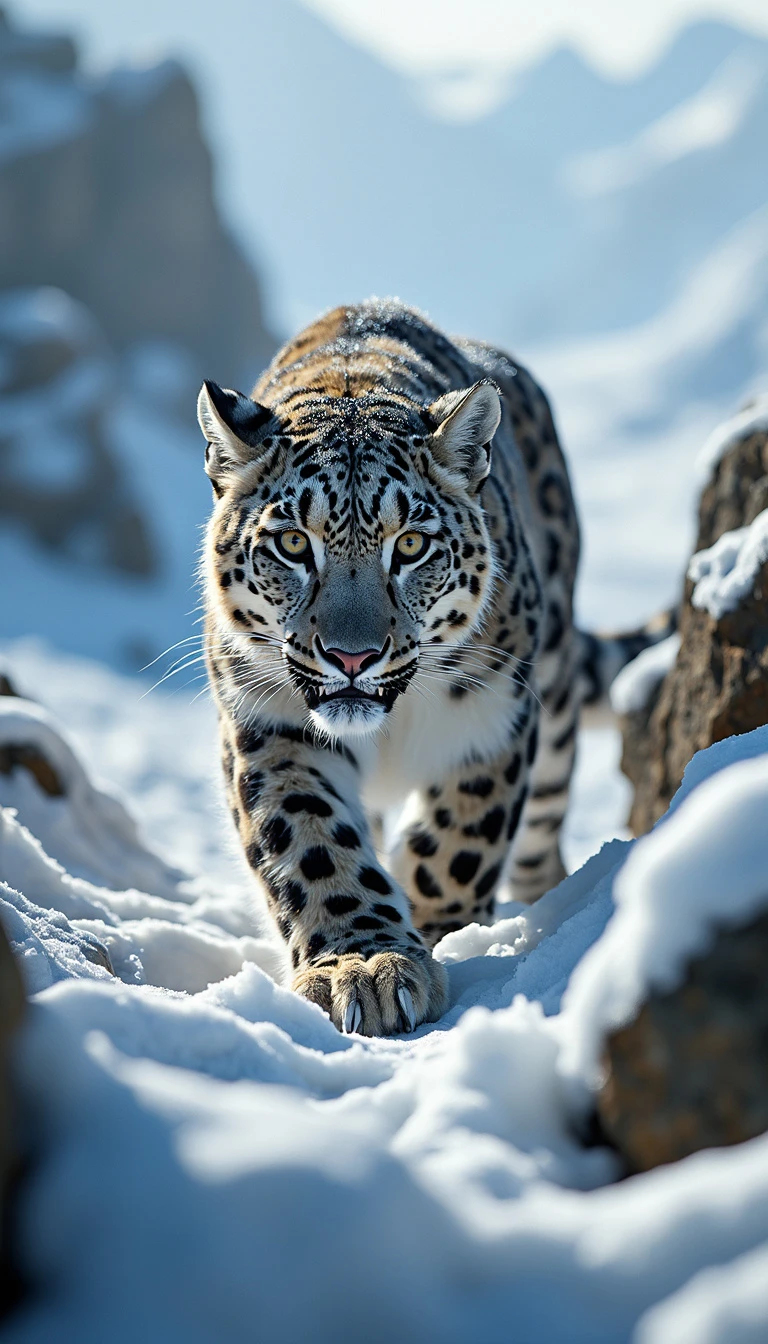 A fierce snow leopard with piercing yellow eyes, gracefully walking through a snowy mountainous area, with its full attention forward.