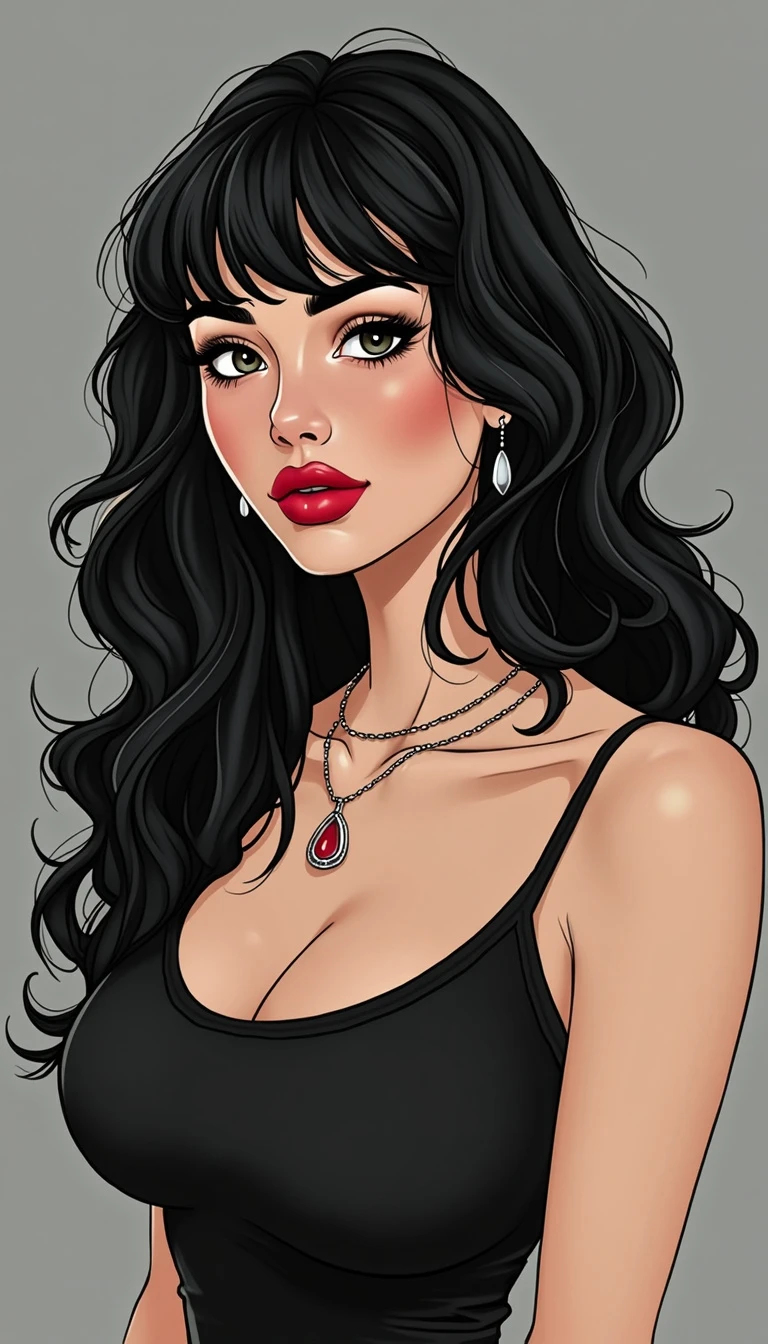 A stylish woman with long black hair adorned with a red pendant necklace and delicate earrings, wearing a black sleeveless top.