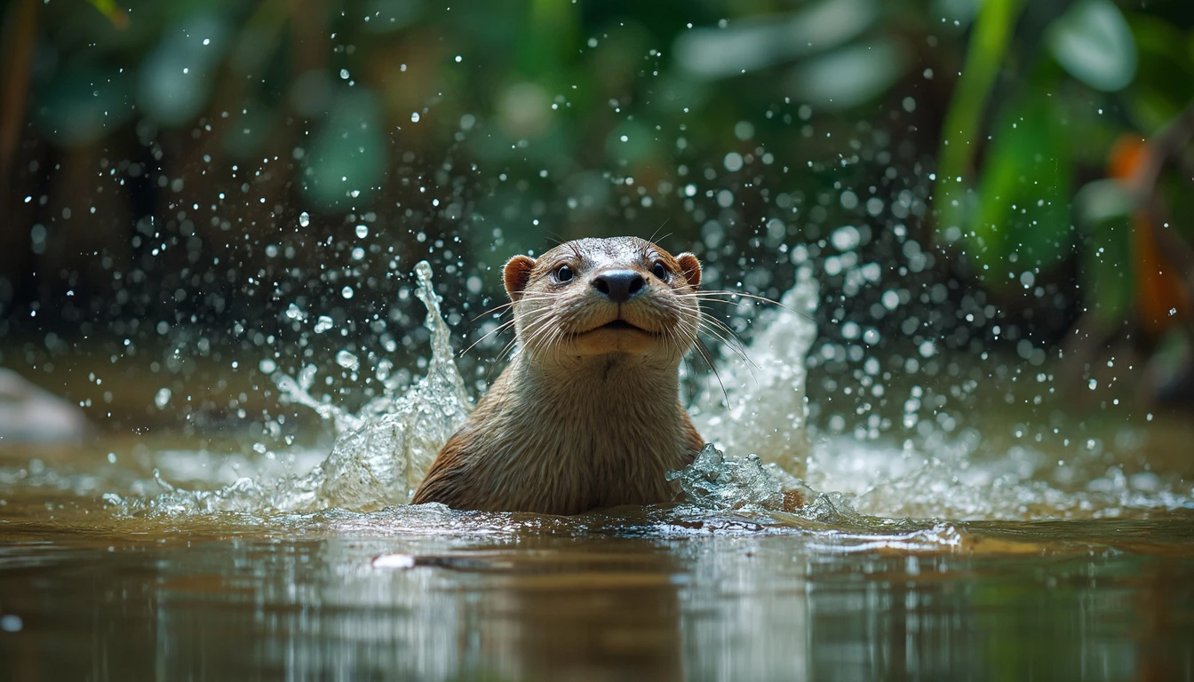 In a photoreal, professional style, capture a playful otter splashing in the waters of the Amazon River.