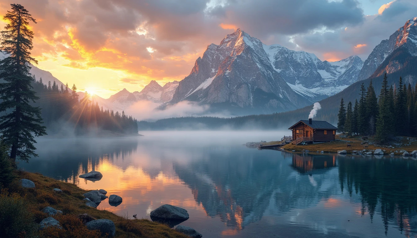 A breathtaking sunrise over snow-capped mountain peaks reflecting in a clear alpine lake, with a wooden cabin nestled among pine trees and wildlife grazing by the lakeshore.