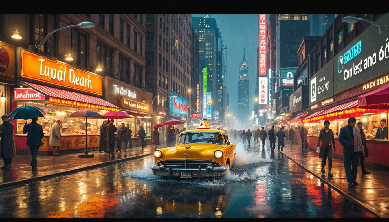 A bustling city street in the rain with wet asphalt reflecting vibrant neon lights, stylish pedestrians with umbrellas, a classic yellow taxi, and tall skyscrapers.