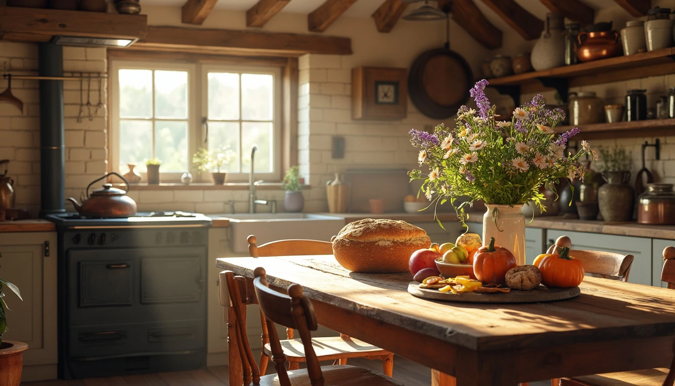 A cozy rustic farmhouse kitchen with a large wooden table, fresh bread, wildflowers, and a bowl of fruits, bathed in morning sunlight from a large window.