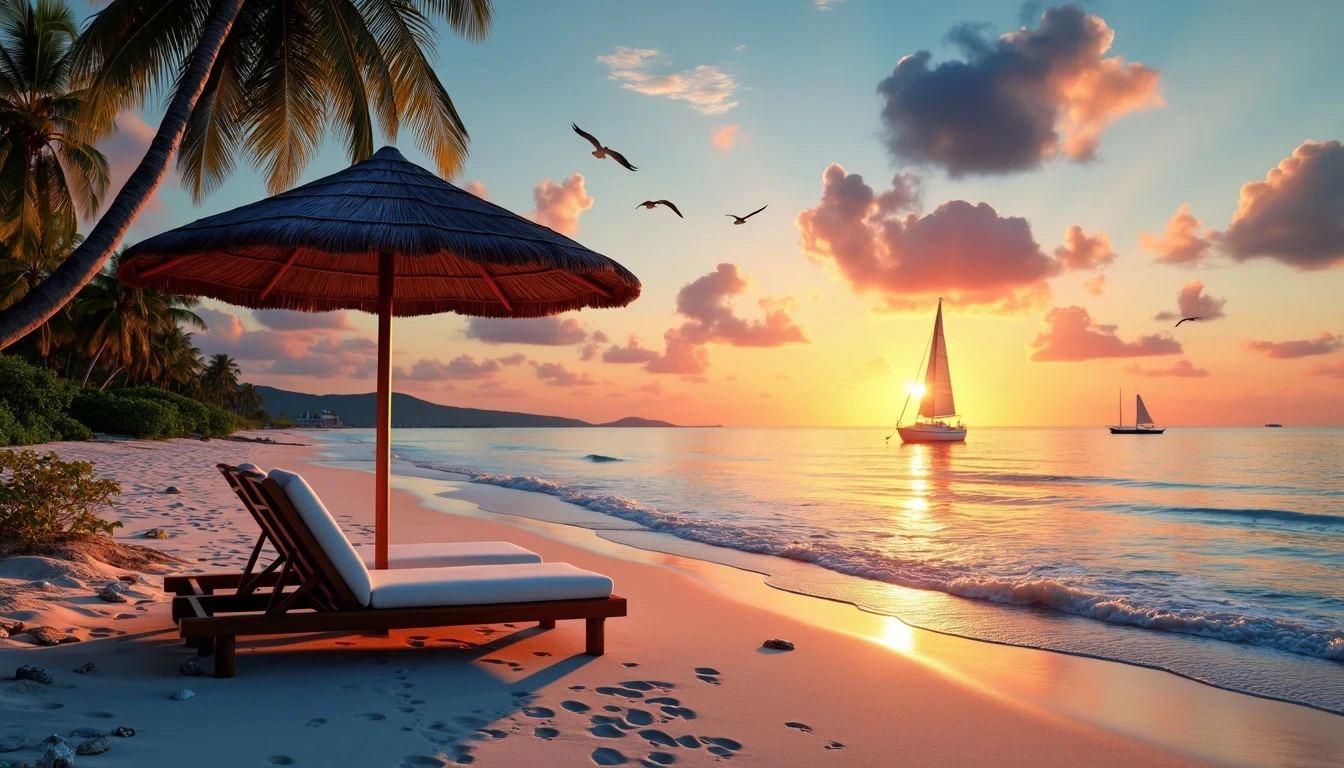 A tranquil beach at sunset with wooden lounge chairs under a straw beach umbrella, palm trees swaying, a sailboat on the horizon, and seagulls in the golden sky.