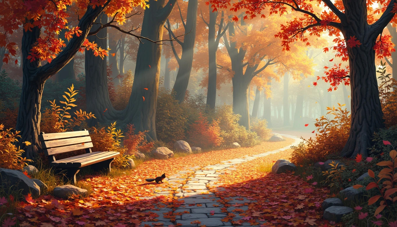 A vibrant autumn forest trail covered in colorful fallen leaves with a rustic wooden bench beside the path, framed by tall deciduous trees and dappled sunlight.